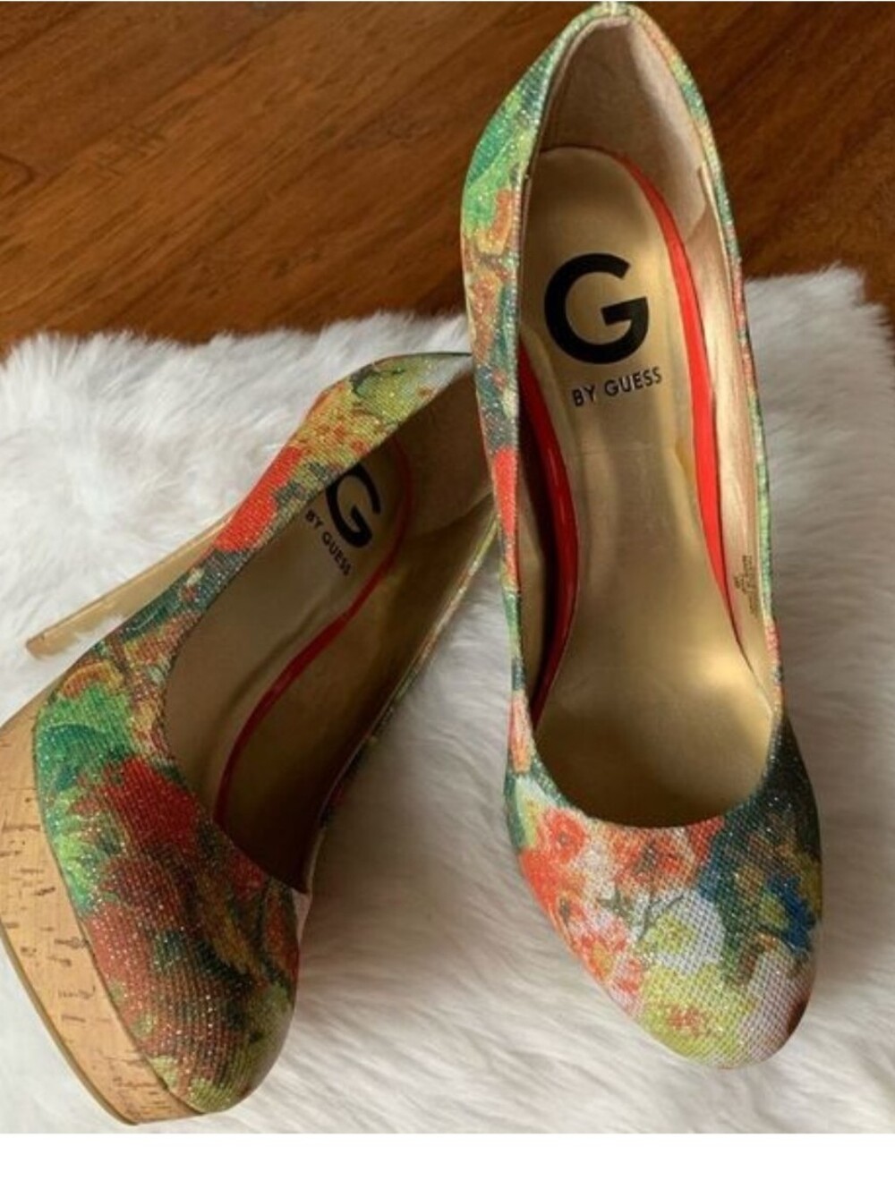 G by Guess Multicolor Floral Cork Platform Pumps